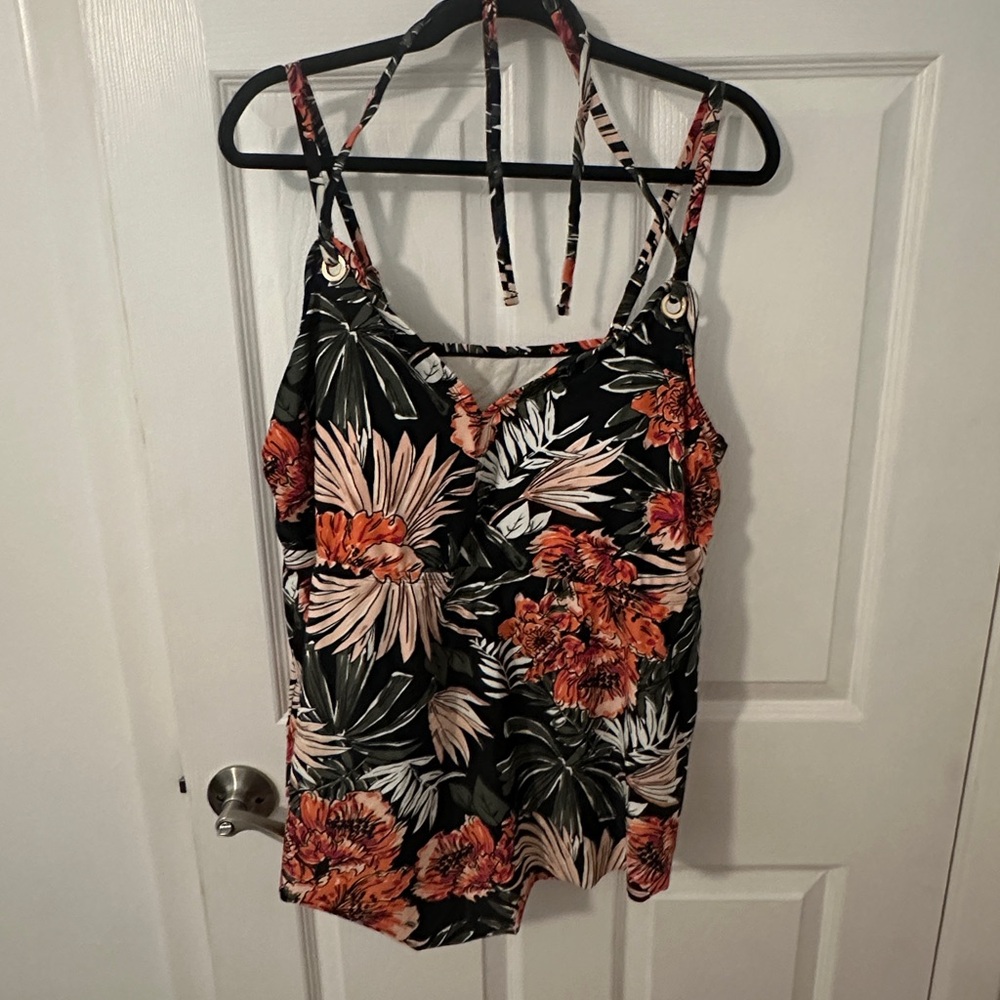 Kona Sol Black and Orange Floral Tankini Top